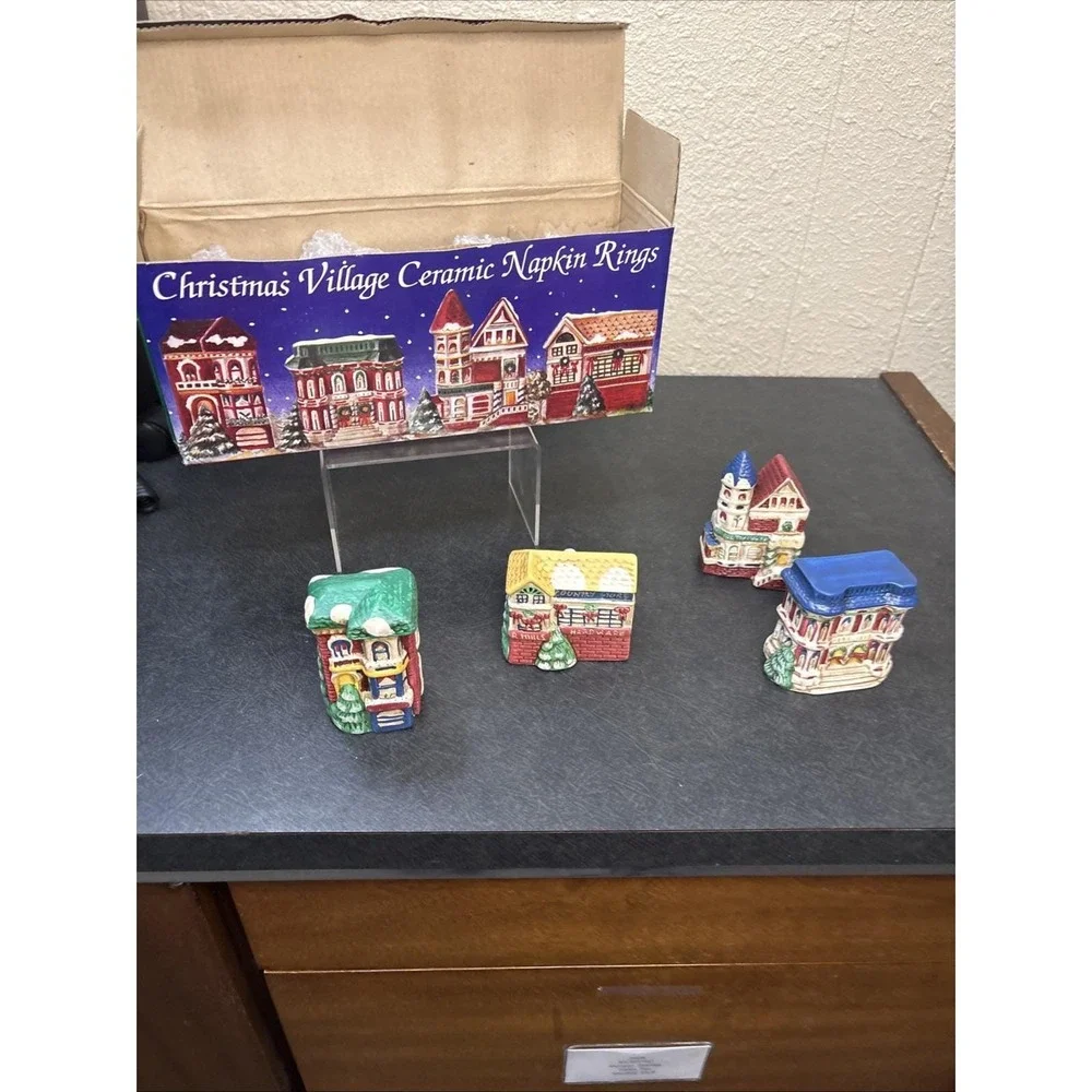 Vtg~Set Of 4~Christmas Village Ceramic Napkin Ring~Holiday Houses~IOB